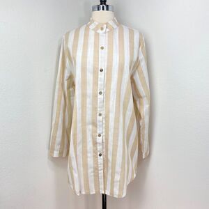 Cellabie Tunic Top Cotton Blend Tan & White Stripes Large Coastal Resort Beach